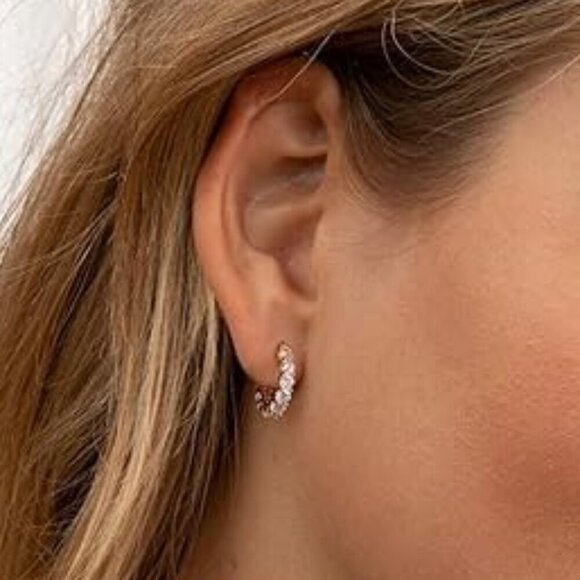 Women's 14K Gold Plated 925 Yellow Gold Cubic Zirconia Hoop Dainty Earrings - Picture 4 of 6